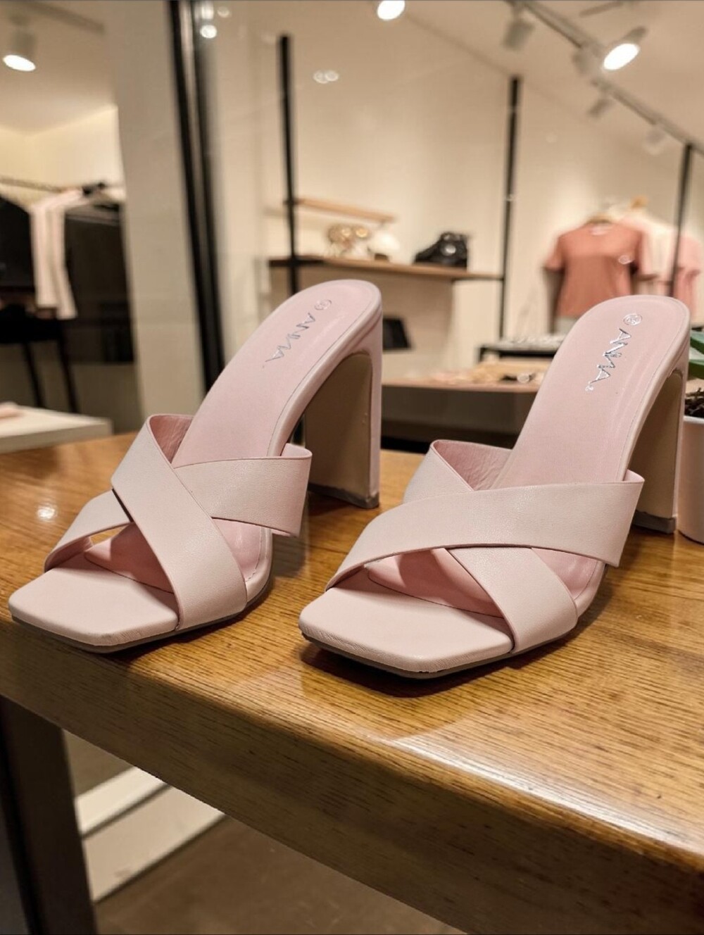 Womens Pink Block Heel Sandals With Criss-Cross Straps & Square Toe Design - Picture 11 of 14
